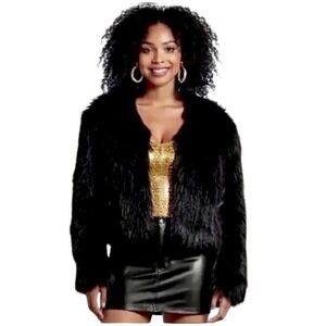 Azalea Wang Michigan Ave Cropped Black Faux Fur Jacket Womens Medium Glam Y2K